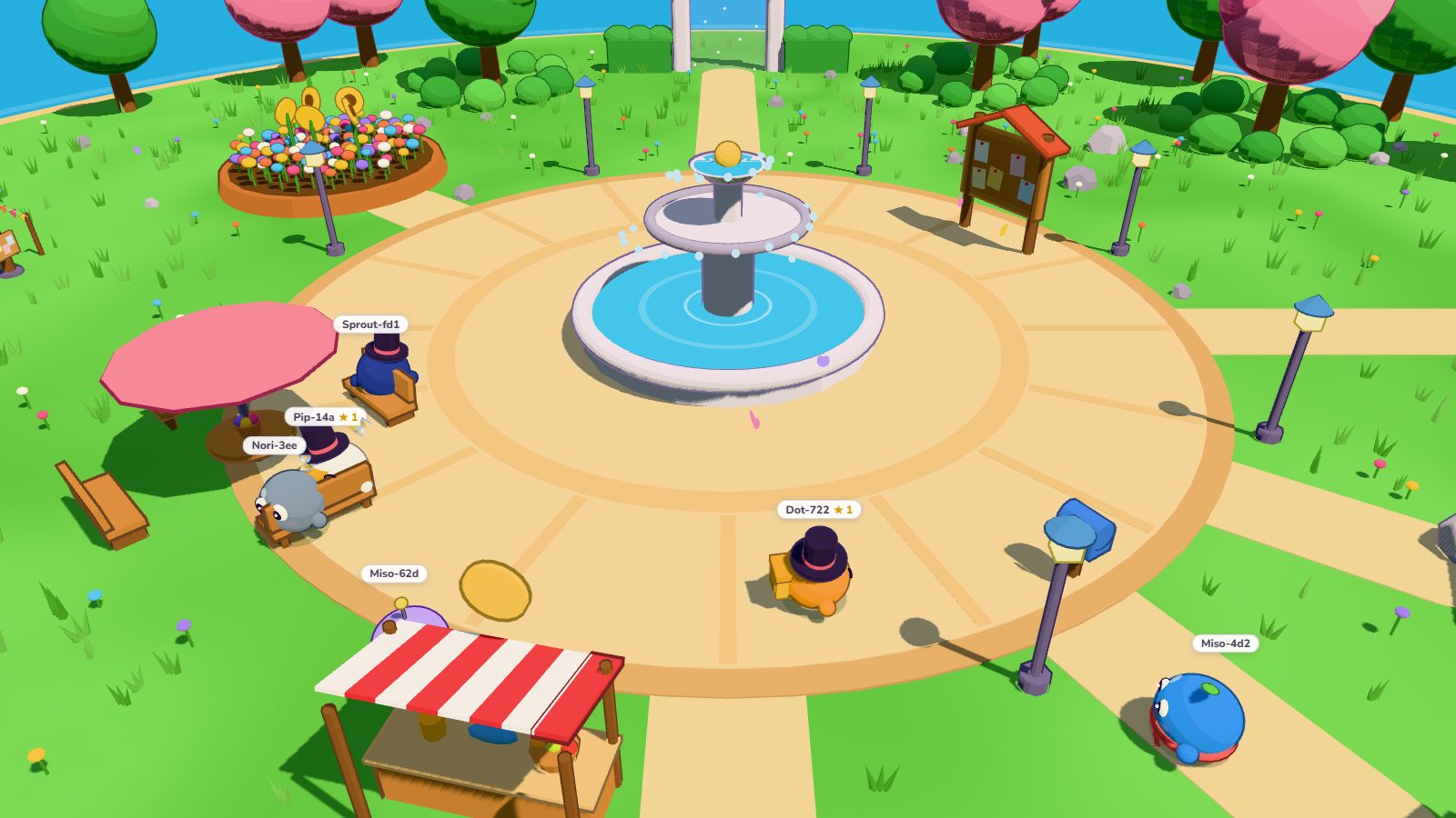 Pastel 3D bots walking around a town square with a fountain, shops and a pond.